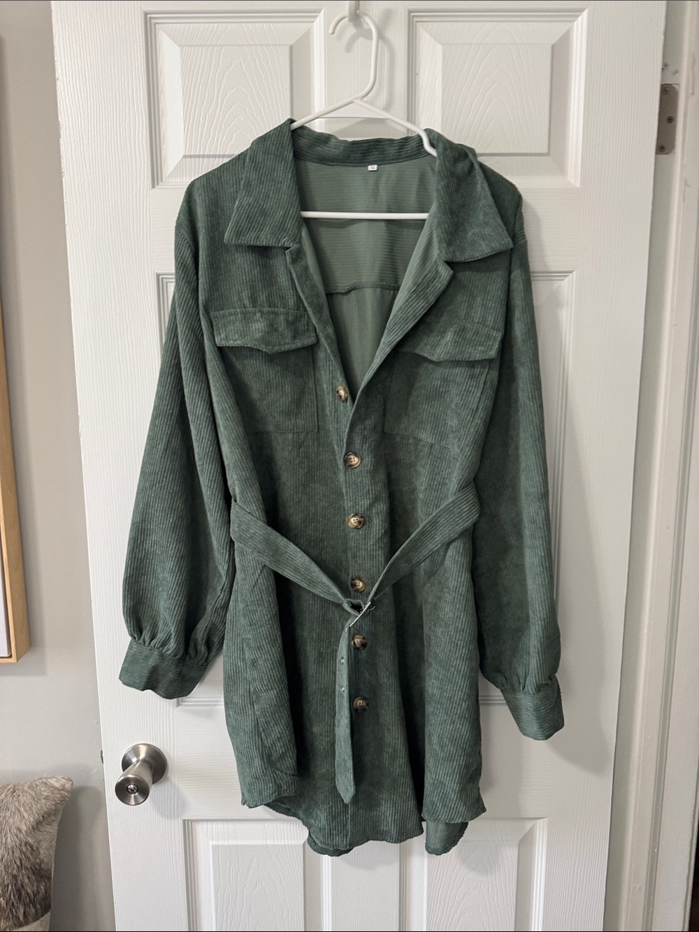 Casual Belted Corduroy Shirt dress - Green